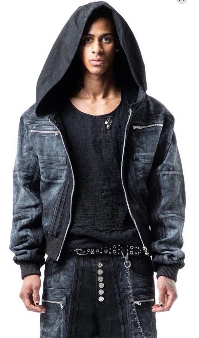 PHTMNE Spectre Denim Jacket Zip Up Bomber Designer Grunge Streetwear Large